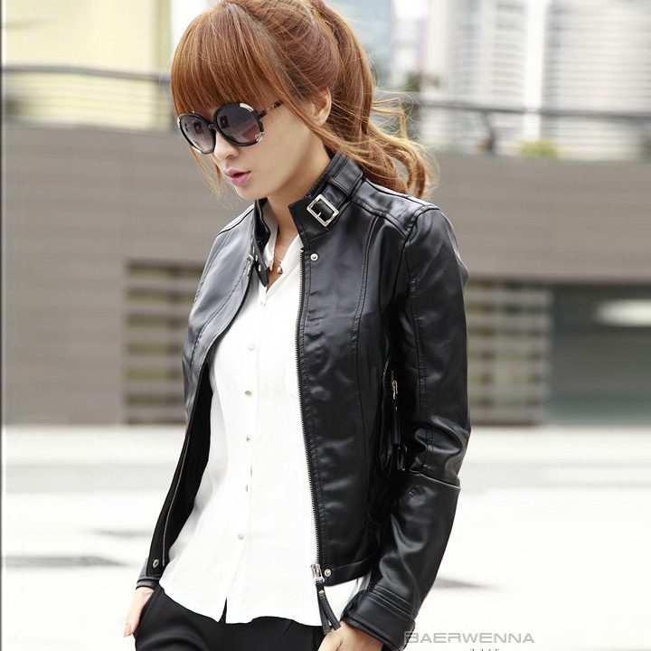 Free shipping 2013 Spring New Korea Women's Short Coat  Stand Collar PU Black leather Jacket Leather Clothing