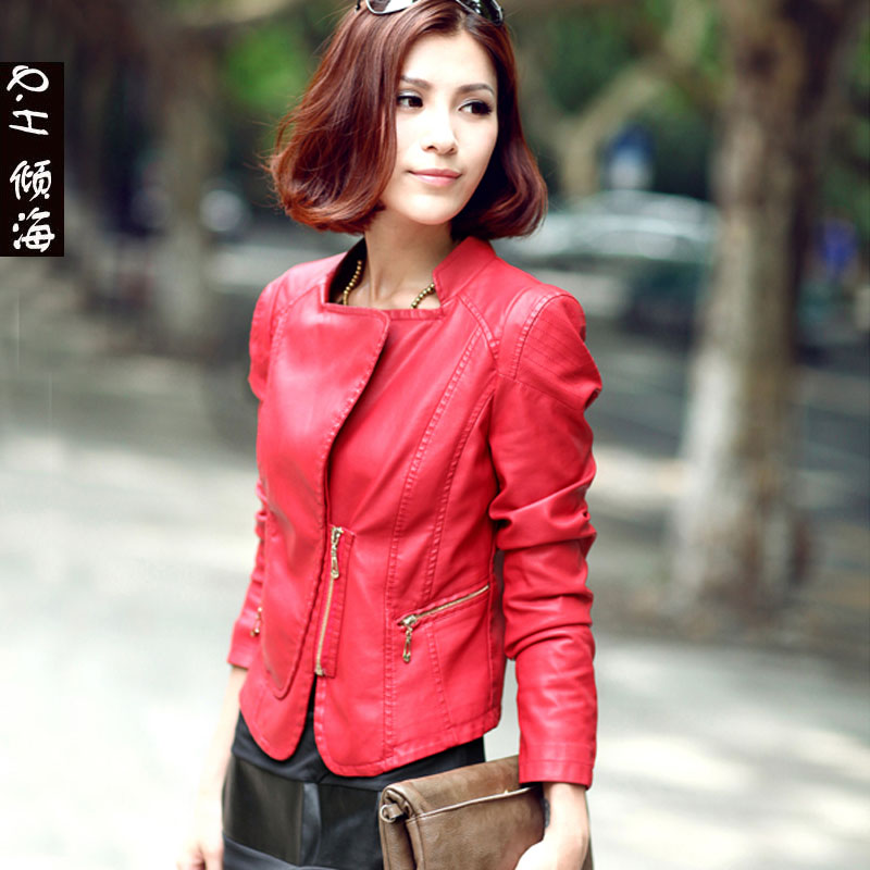 Free Shipping! 2013 spring new Korean version of the large - size women's motorcycle leather washing pu short coat