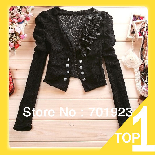 free shipping 2013 spring new ladies women fashion casual long sleeve lace hollow out short shirt blouse jacket Y7142