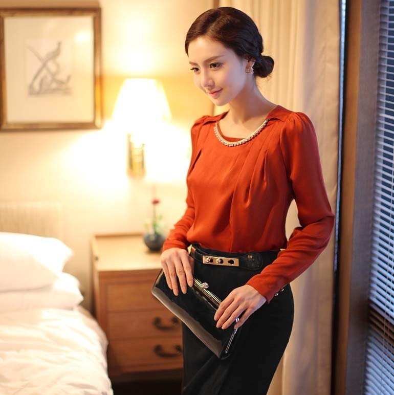 Free Shipping 2013 Spring NEW Professional Women's Chiffon Shirt Fashion O-Neck Puff Sleeve Chiffon Blouses 5 Size+3 Color ML19