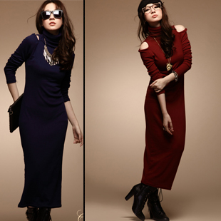 Free shipping 2013 Spring New Sexy Lady Long dress turtleneck plain slim basic Off Shoulder long sleeve Maxi Dress