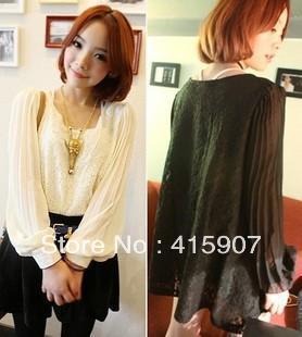 Free shipping!2013 Spring New Style Bouffant Cuff Lace+chiffon  t shirt Two color Free size