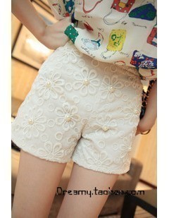 Free shipping 2013 spring new style lace shorts,womens white shorts,vintage high waist pants with pearl