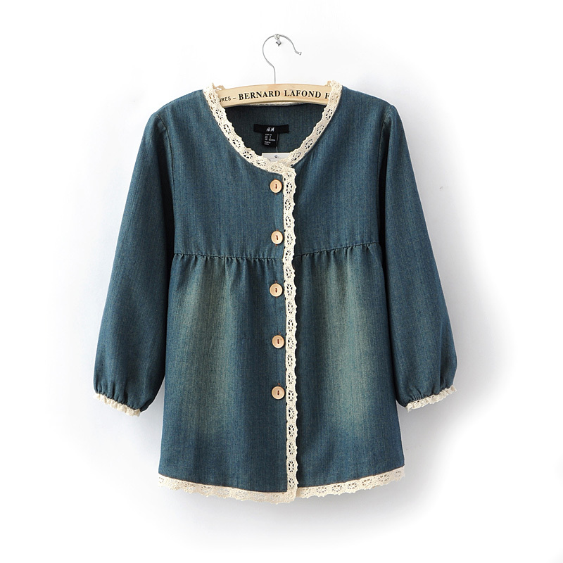 Free Shipping 2013 Spring NEW Women's     denim top lace long-sleeve o-neck doll shirt casual hm