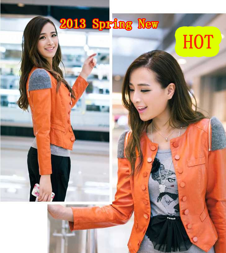 Free Shipping 2013 Spring NEW Women's Fashion O-neck Slim Small Short Rabbit Fur Design Coat Water Wash PU Leather Jacket BC06