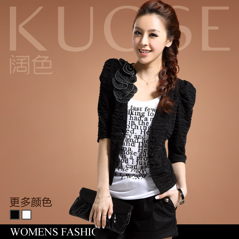 Free Shipping 2013 Spring NEW Women's   female slim puff sleeve flower design short small suit jacket