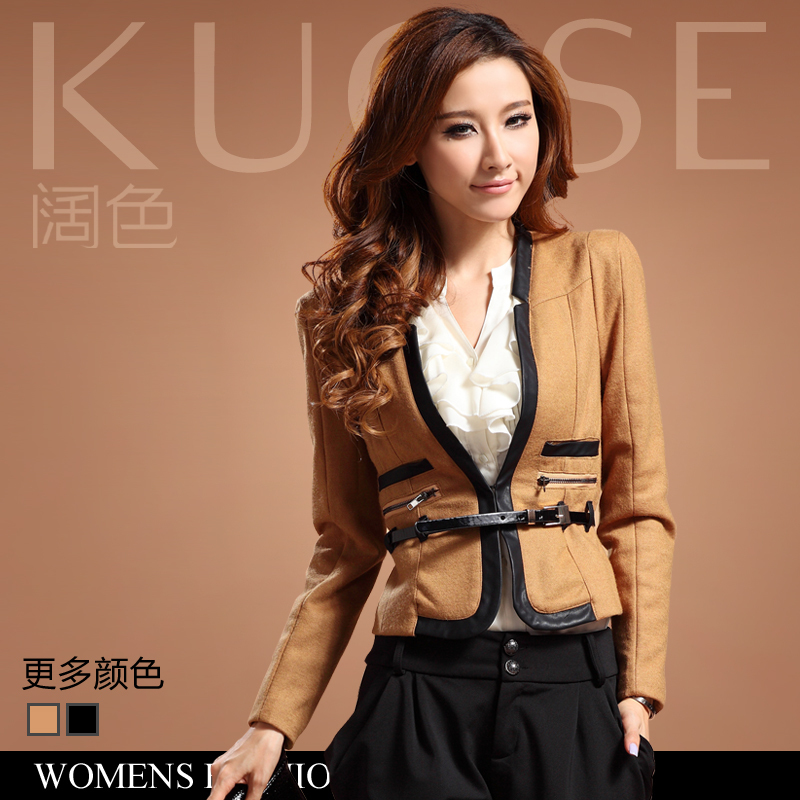 Free Shipping 2013 Spring NEW Women's   slim woolen V-neck with belt clothing design short outerwear