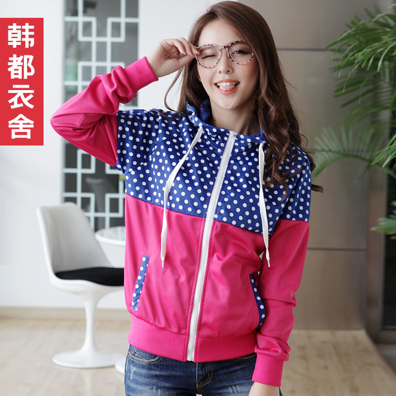 Free Shipping 2013 Spring NEW Women's W.ZXS 2012   sweet dot drawstring long-sleeve with a hood short  female jacket