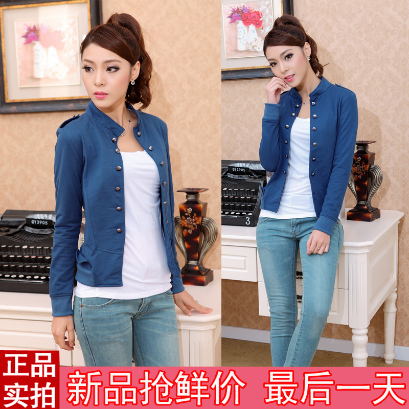 Free Shipping 2013 Spring NEW Women's   women's  outerwear solid color stand collar epaulette double breasted short jacket 3