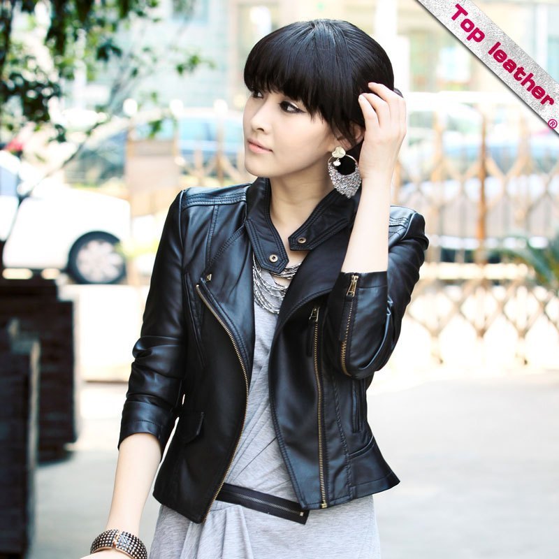 Free Shipping! 2013 Spring OL Black PU Faux Leather Rivet Pocket Short Slim Small Women Motorcycle Jacket P6863U