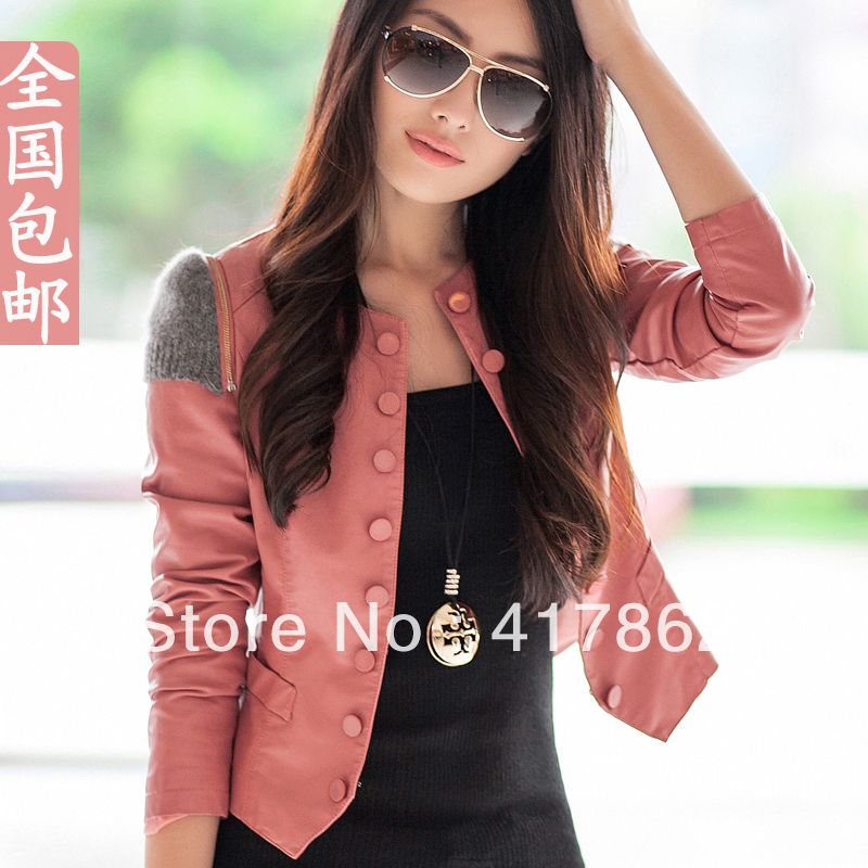 free shipping 2013 spring outerwear short design slim water washed leather clothing PU jacket o-neck short jacket female