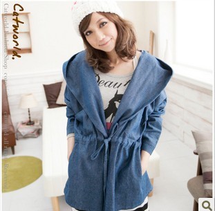 Free Shipping 2013 spring overcoat faux denim strap with a hood long-sleeve outerwear female LDX