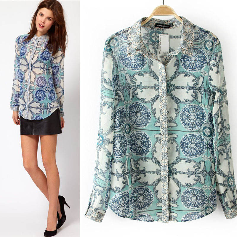 Free shipping 2013 spring rich print paragraph yarn shirt rivet shirt female