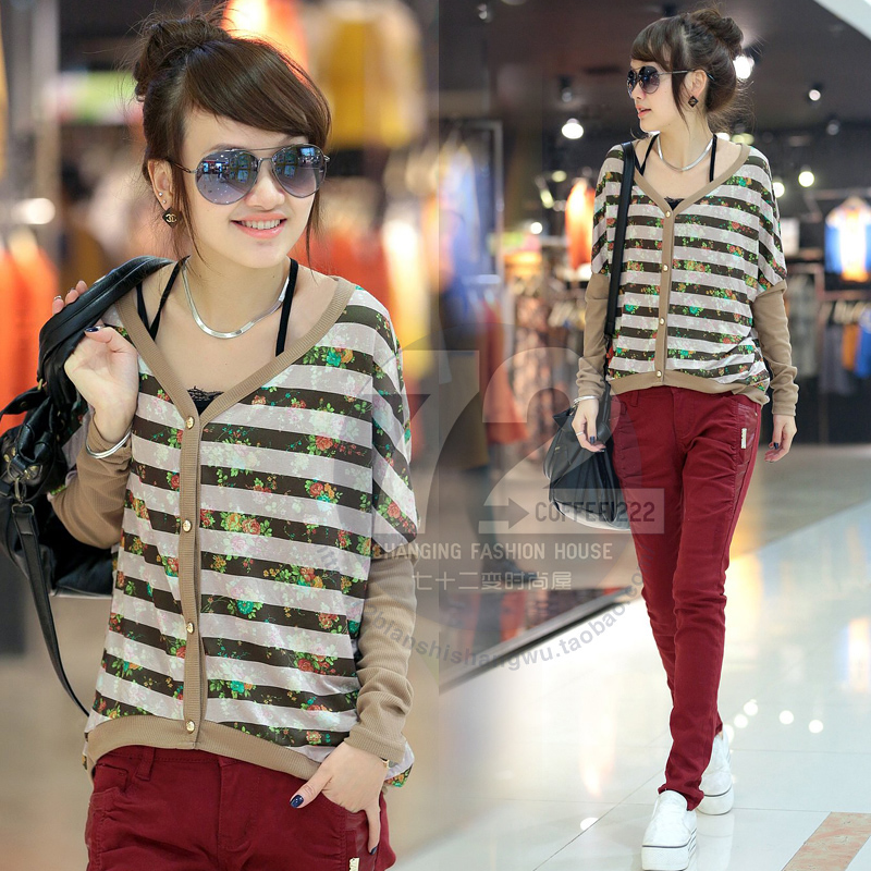 Free Shipping 2013 Spring Sg13199   women's stripe batwing sleeve single breasted coat