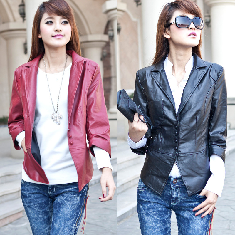 Free shipping 2013 spring slim button motorcycle jacket female water washed leather clothing leather coat female 111012