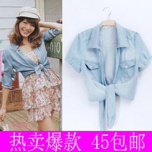 Free Shipping 2013 Spring   slim denim tieclasps female shirt short-sleeve vintage coat small cape shrug