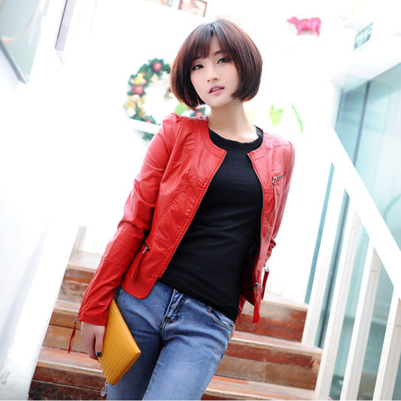 Free shipping 2013 spring slim short design long-sleeve PU clothing female o-neck liner full lace leather clothing 75401