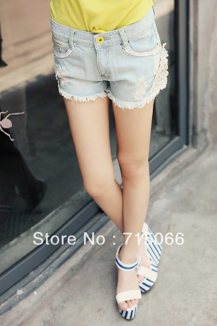 Free shipping 2013 spring summer Korean version of the influx of women lace lace denim shorts code relaxed straight hot pants