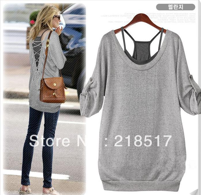 Free Shipping 2013 Spring Summer New Fashion Women  Fold Sleeve Top T-SHIRT + Cami two-piece dress Blouse  D-72