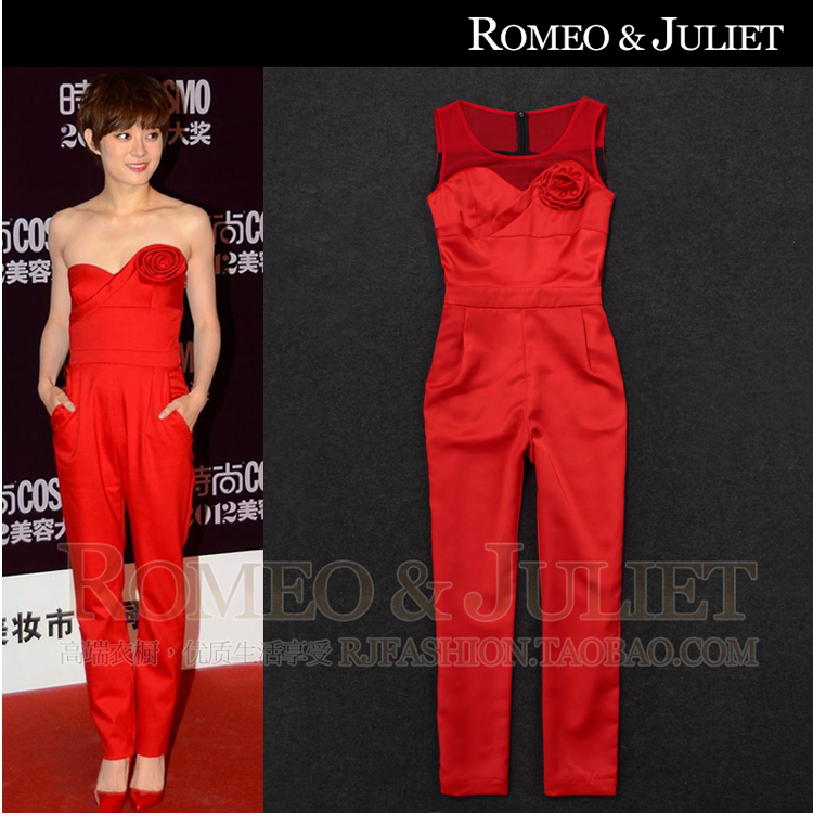 Free shipping 2013 Spring/Summer New Fashion Women Jumpsuit Runway Dress/Jumpsuit Star Dress Red Color Flower Decorated Jumpsuit