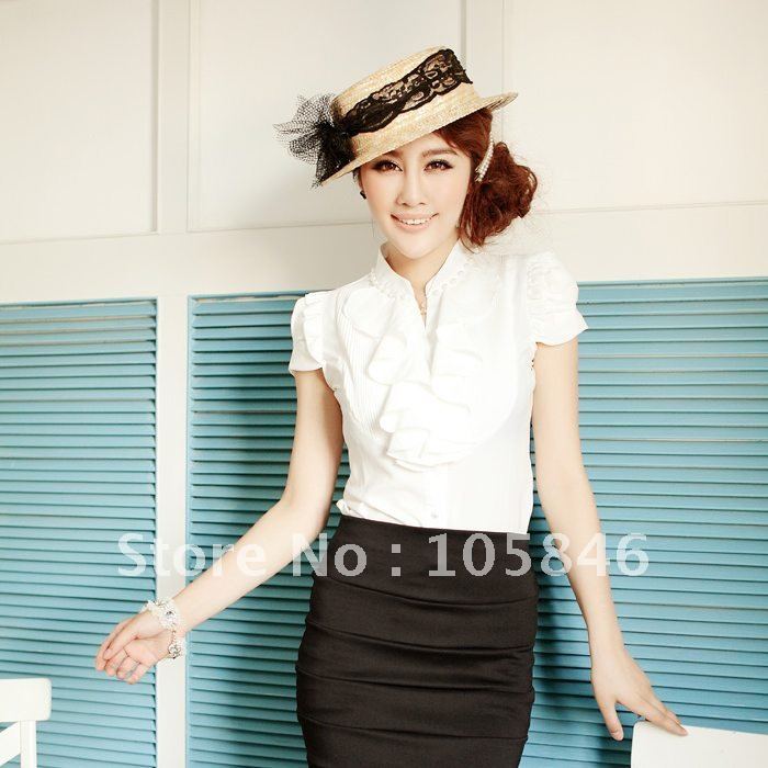 Free Shipping! 2013 Spring Summer New Work Wear Puff Sleeve Ruffle OL Short-Sleeve & Long-Sleeve Chiffon Shirt 5 Colors S0646#