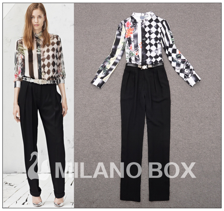 Free shipping 2013 Spring/Summer Newest Europe Star Fashion OL Elegant Art Fan Style Stripes Printing Jumpsuit Pants RD130164