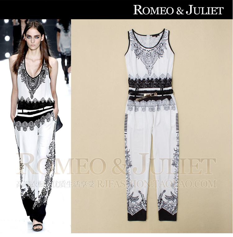 Free shipping 2013 Spring/Summer Runway Fashion Ladies Black & White Colorblock Print Sleeveless Jumpsuit Casual Rompers Long