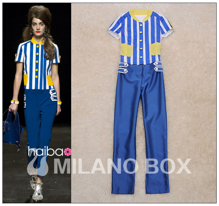 Free shipping 2013 Spring/Summer Runway New Fashion Women Jumpsuit Navy Wind Yellow-blue Hit Color Stripes College Wind Jumpsuit