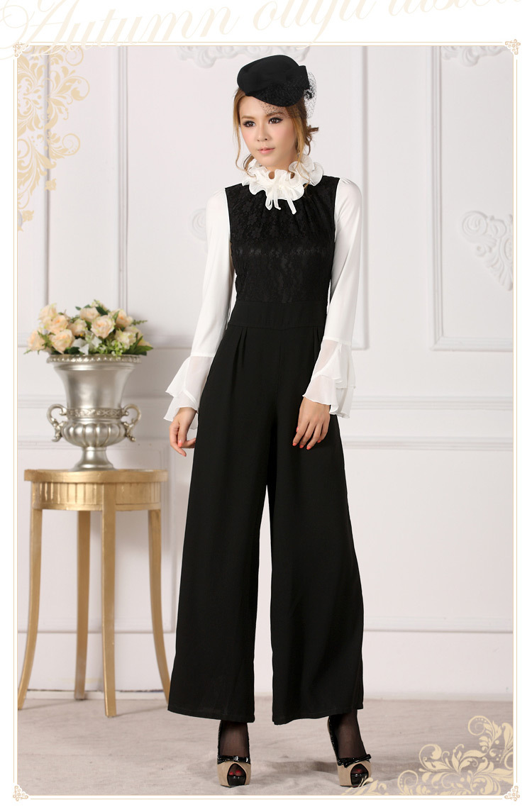 Free Shipping 2013 spring Sweet ruffles long-sleeved wide leg one-piece coveralls trousers fashion ladies' jumpsuits J1301273