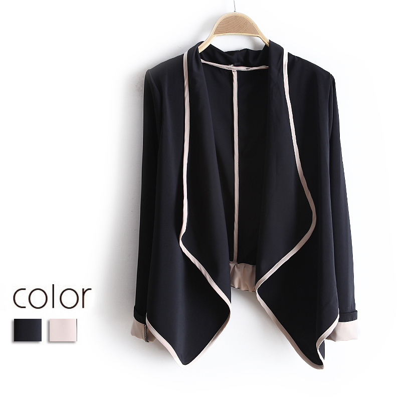 FREE SHIPPING 2013 spring top fashion color block long-sleeve pads chiffon cardigan short design short jacket ww2999