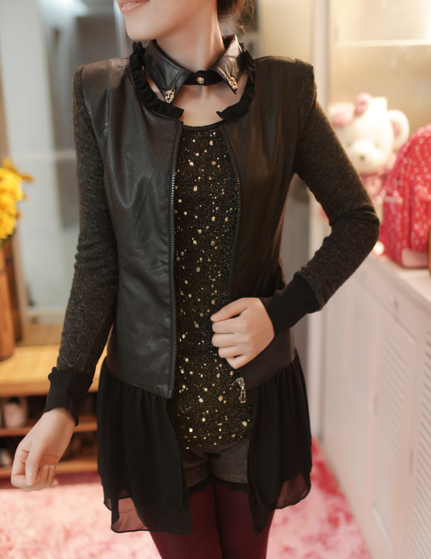 Free Shipping 2013 Spring    trend long-sleeve chiffon skirt leather clothing cardigan Women 7876