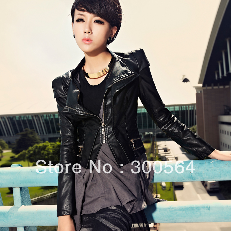 Free Shipping!2013 spring trigonometric metal epaulette ,female leather clothing short design slim outerwear ,Black one