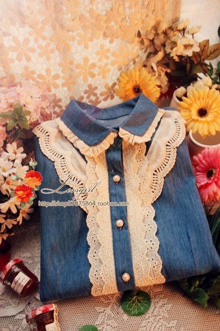 Free shipping 2013 spring vintage lace decoration small fresh vintage denim long-sleeve shirt