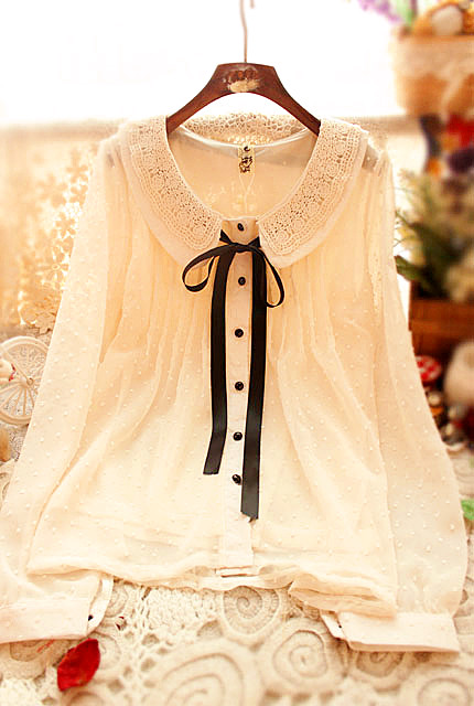 Free shipping 2013 spring vintage peter pan collar bow vintage sweet chiffon shirt