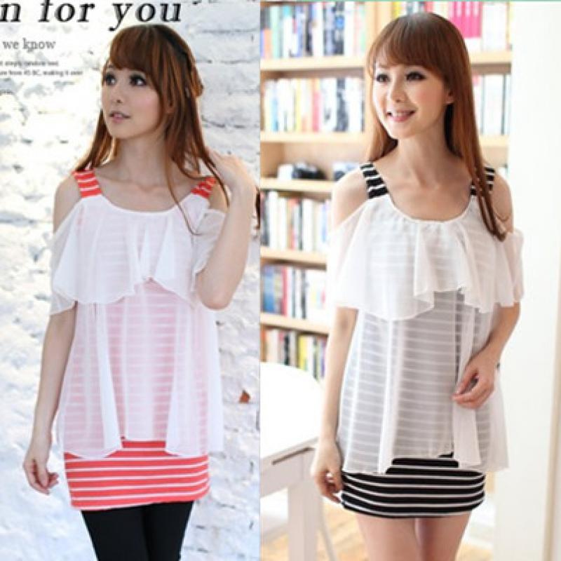 Free Shipping 2013 spring wave stripe patchwork chiffon elegant of piece set basic chiffon shirt top