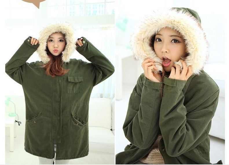 Free Shipping 2013 Spring women's 2012p  raccoon fur olive casual cotton-padded jacket medium-long loose wadded jacket