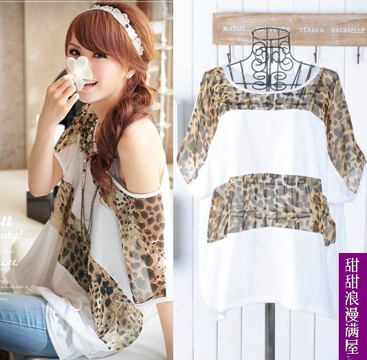 Free Shipping 2013 spring women's 866721 casual leopard print chiffon shirt batwing shirt