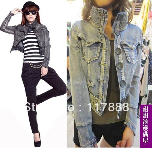 free shipping 2013 spring women's 87527 cool personality water wash stand collar ultra elastic slim denim outerwear