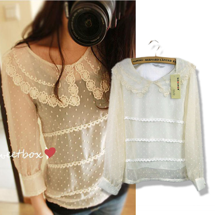 Free Shipping 2013 spring women's 88915 sweet princess polka dot laciness long-sleeve chiffon shirt top