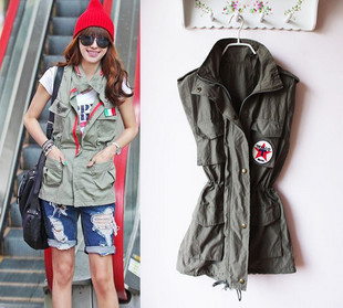 Free shipping 2013  spring women's casual vest Army Green vest denim frock vest outerwear