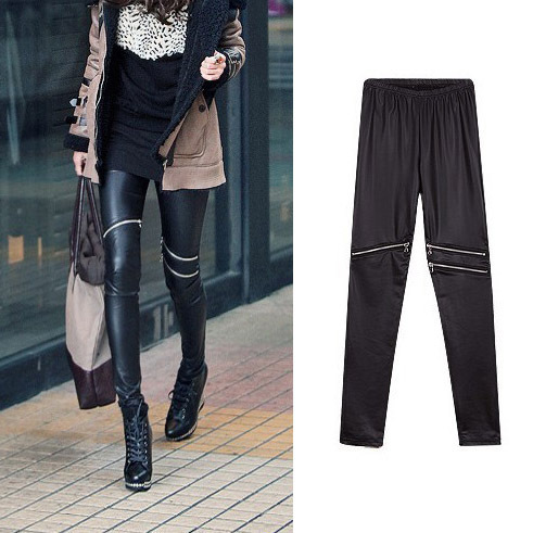 Free Shipping 2013 Spring women's   d1203j dull faux leather 3 line zipper legging