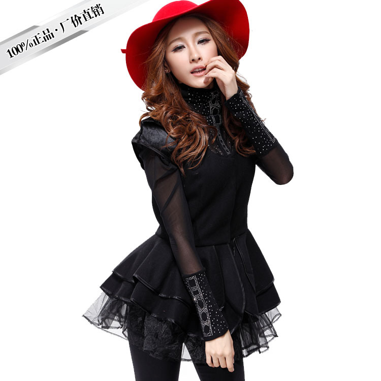 Free Shipping 2013 Spring women's dress   elegant woolen  vest patchwork lace short skirt twinset one-piece