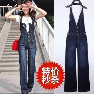 Free shipping 2013 spring women's high waist slim butt-lifting spaghetti strap pants wide leg pants suspenders jeans woman