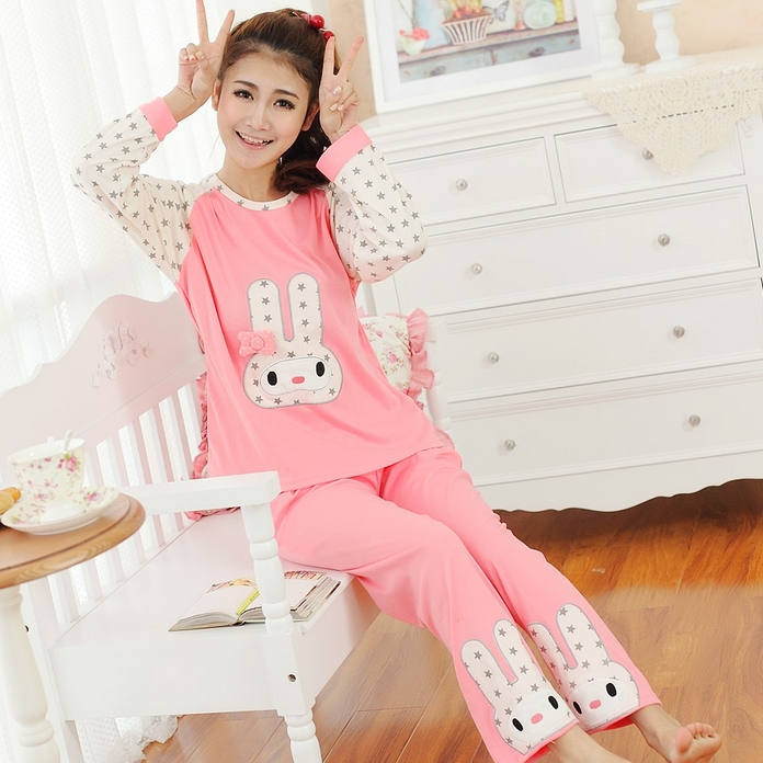 FREE SHIPPING 2013 spring women's long-sleeve knitted cotton sleepwear cartoon long-sleeve sleep set