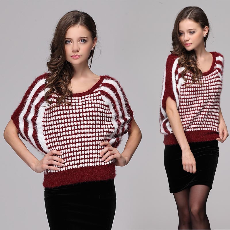 free shipping 2013 spring women's ofdynamism o-neck stripe batwing sleeve wool sweater mix match