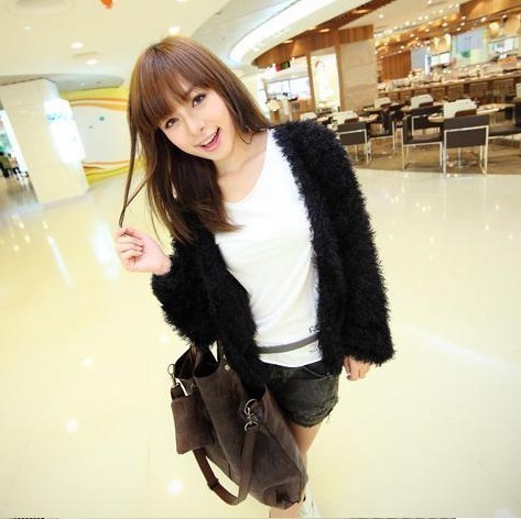 Free Shipping 2013 spring women's plus size solid color berber fleece slim plush lantern sleeve cardigan outerwear LDX