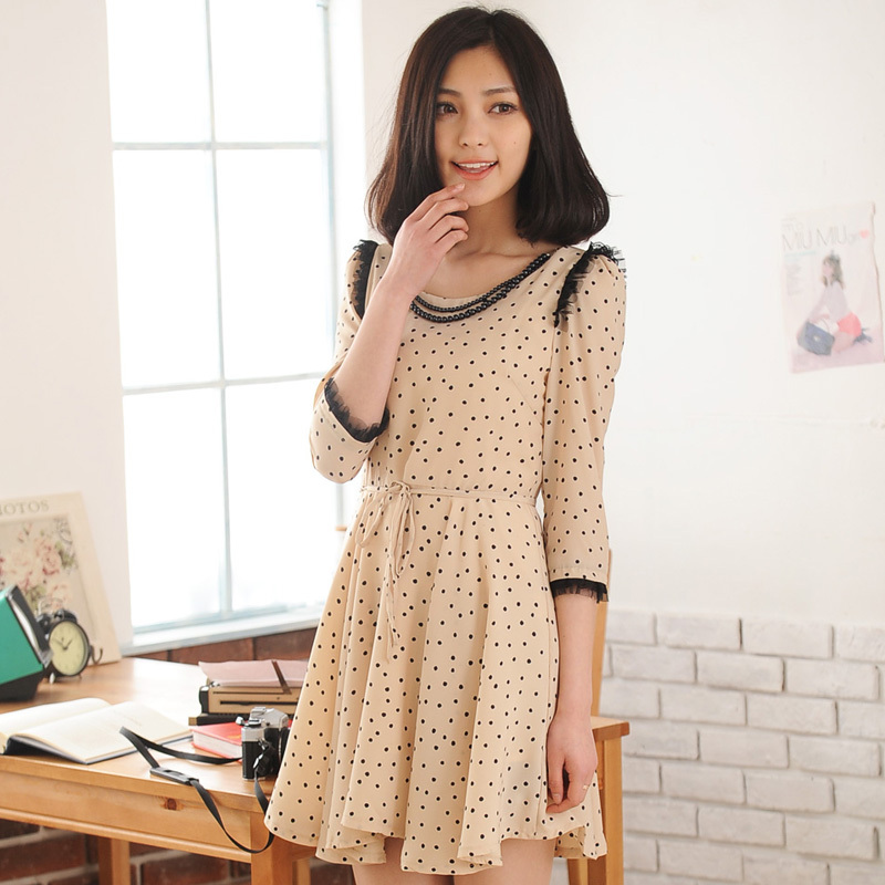 Free shipping 2013 spring women's sweet polka dot lace decoration medium-long one-piece dress lace skirt