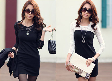 free shipping 2013 spring women's sweet slim hip basic skirt lace spring patchwork one-piece dress long-sleeve