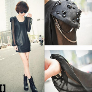 Free shipping! 2013 spring women's transparent beading chiffon sleeves sexy faux leather sexy skirt one-piece dress