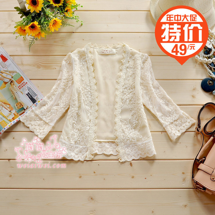 Free Shipping, 2013 spring women's transparent cutout full lace crochet peter pan collar cardigan short jacket 3231